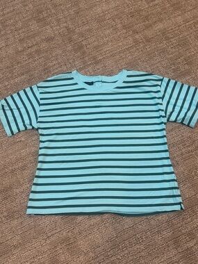 Talbots Aqua and Black Striped Short Sleeve Tee